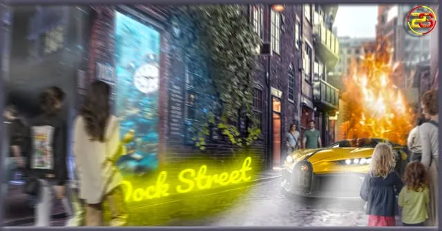 A wet street at night under a yellow neon sign reading Dock Street, with a taxi passing.