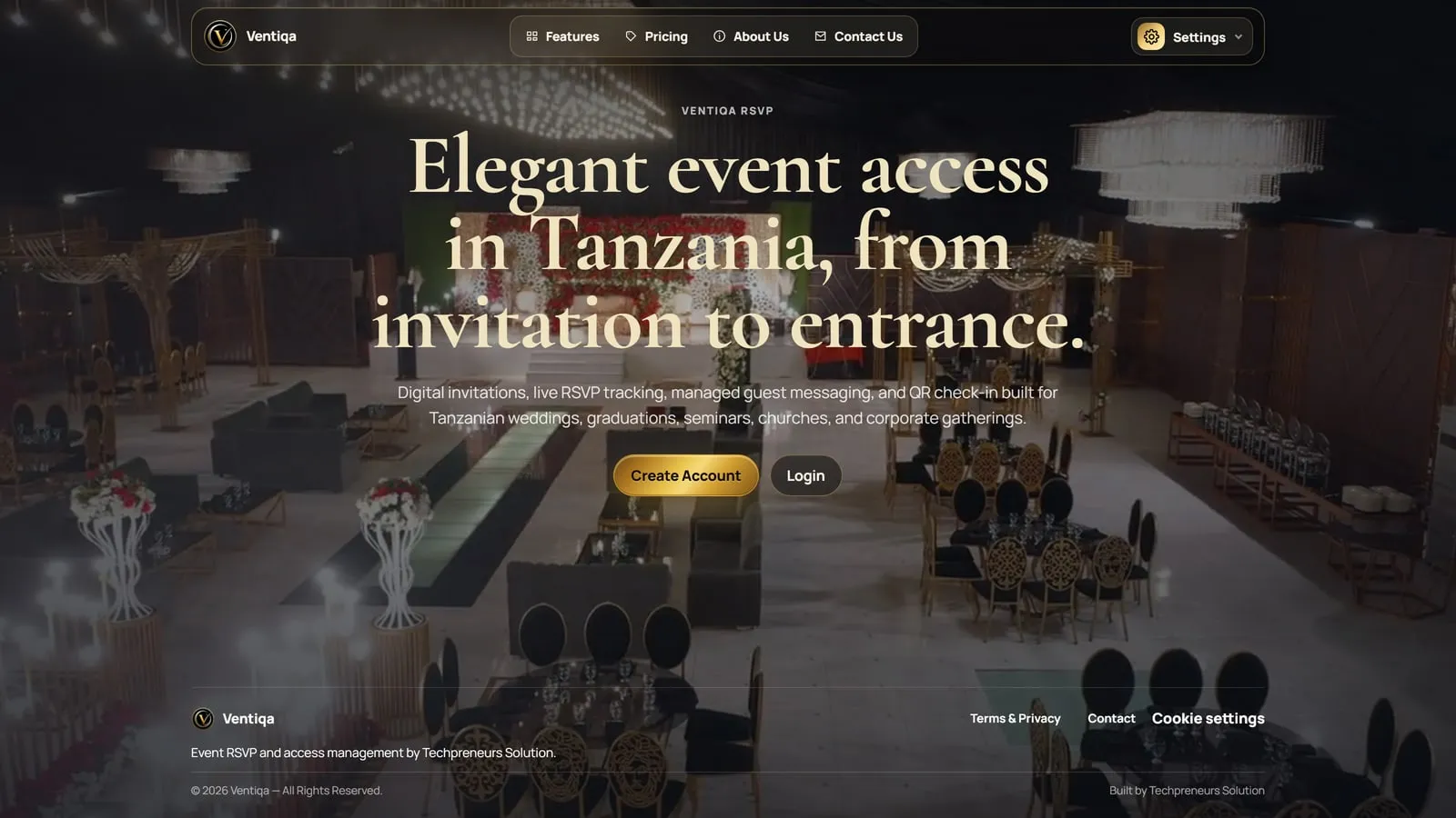The Ventiqa home page: cream serif type over a photograph of a decorated event hall, reading 'Elegant event access in Tanzania, from invitation to entrance.'